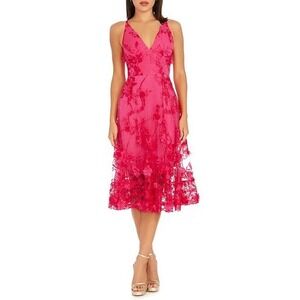 Dress the Population Women's L Audrey Midi Plunging Floral Lace Dress Pink NEW